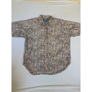 Big Dogs Button Up Shirt Vintage Tribal Dog Print Large Tan 90s Dad Shirt Cotton
